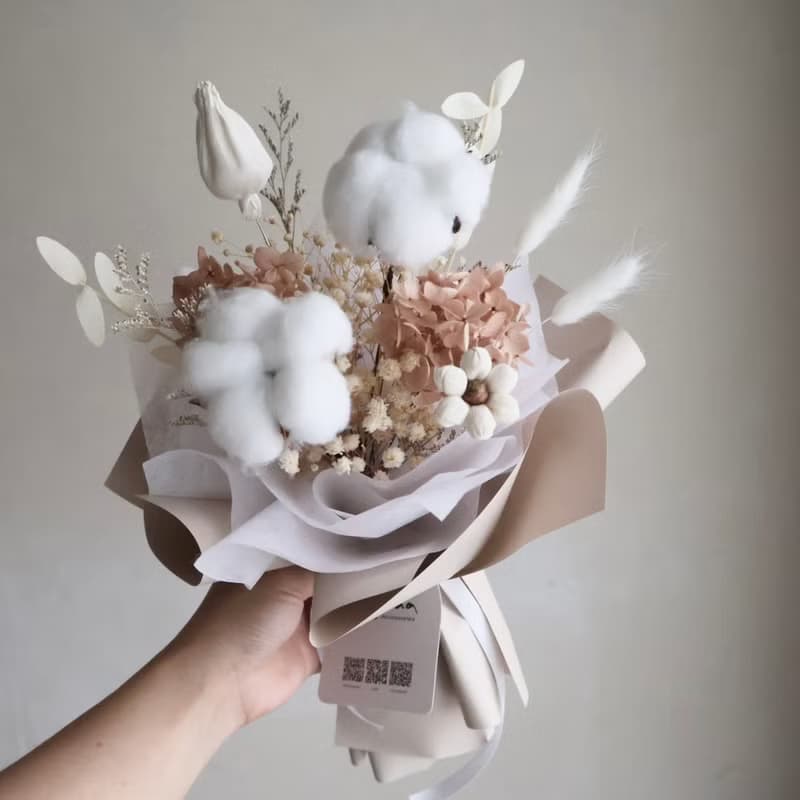 奶白色棉花花束 向日葵 生日  畢業禮物 老師禮物