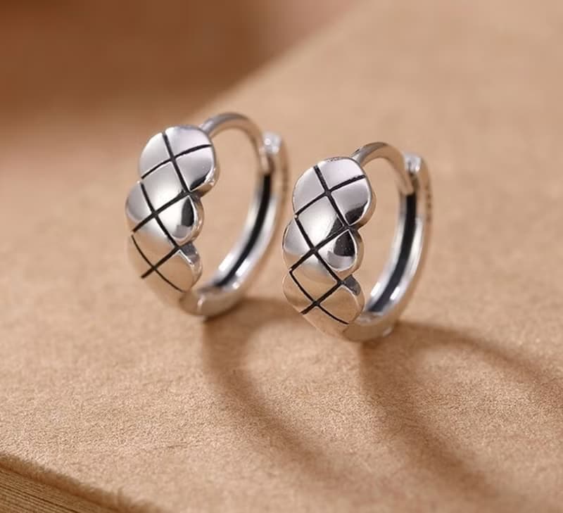 Minimalist Grids Earrings for Women Glossy Shiny Genuine 925 Sterling Silver Ear