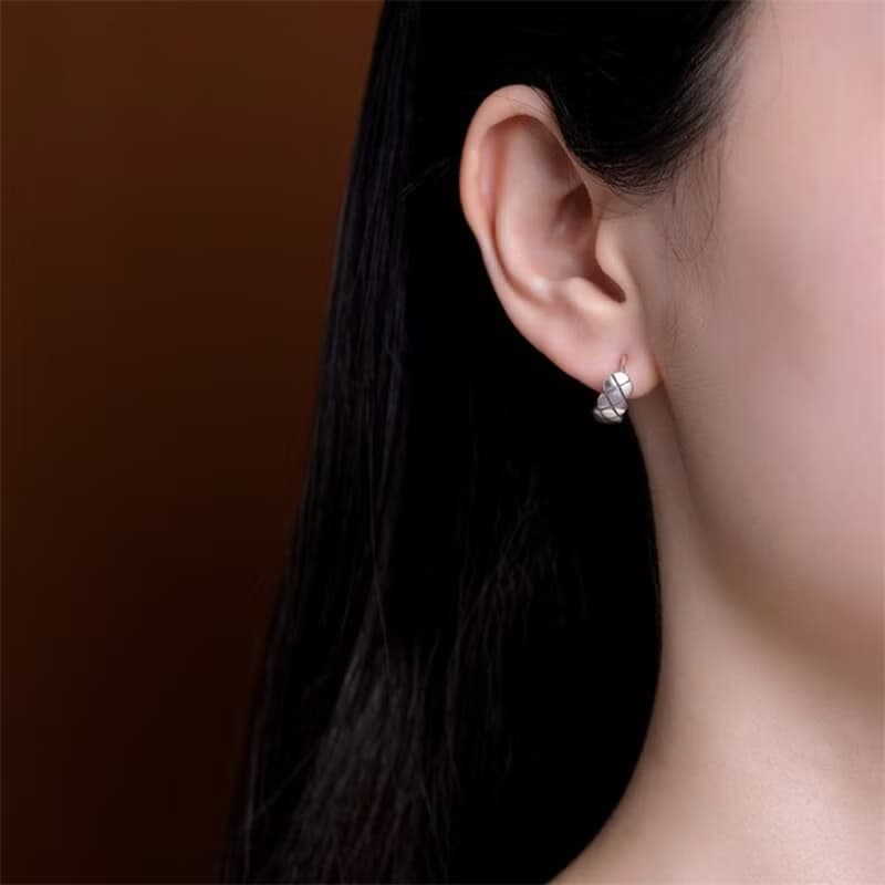 Minimalist Grids Earrings for Women Glossy Shiny Genuine 925 Sterling Silver Ear