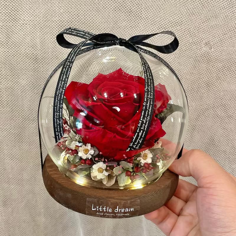 | 小夢境花藝 | 厄瓜多XL 永生紅玫瑰 LED燈環底座玻璃球