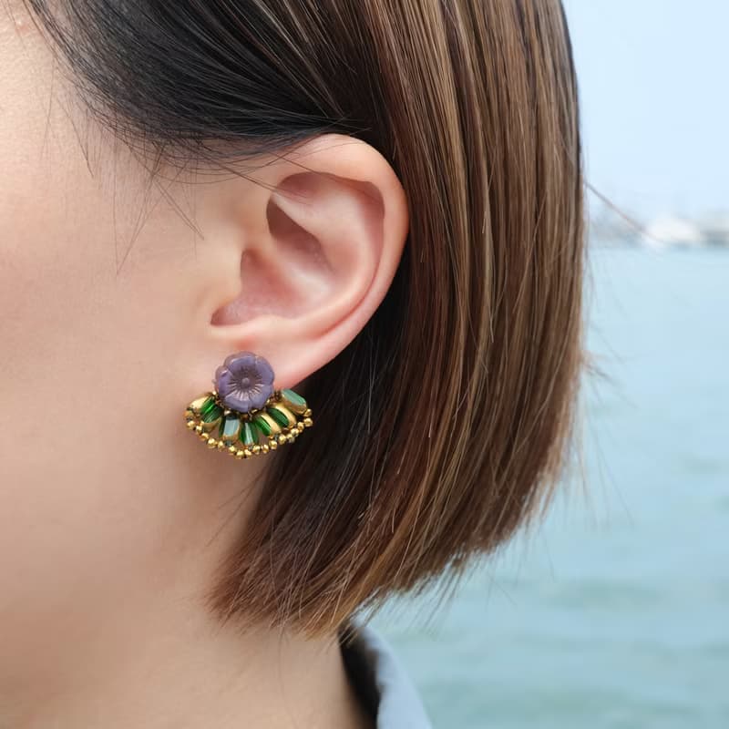 扇形花耳環 Fan Flower Earrings - 灰紫 耳針/耳夾