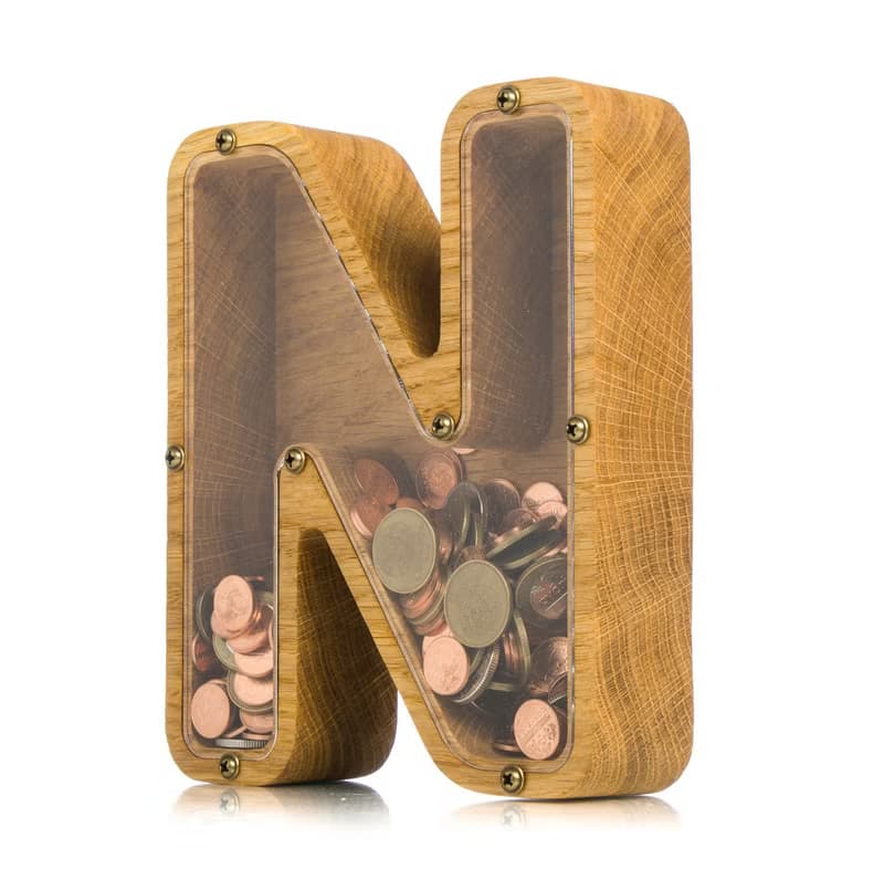 Wooden piggy bank for girl boy adult LETTER wood toy Baby shower gift kid money