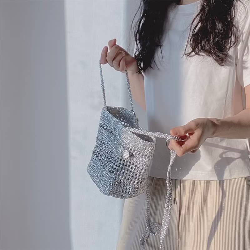 Silver Metallic Square Crochet Mini Tote Bag