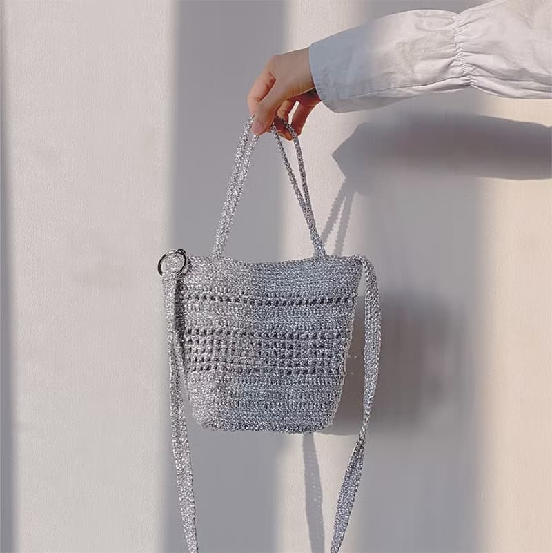 Silver Metallic Square Crochet Mini Tote Bag