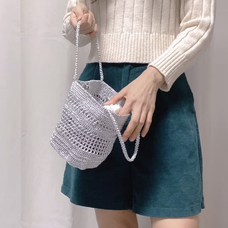 Silver Metallic Square Crochet Mini Tote Bag