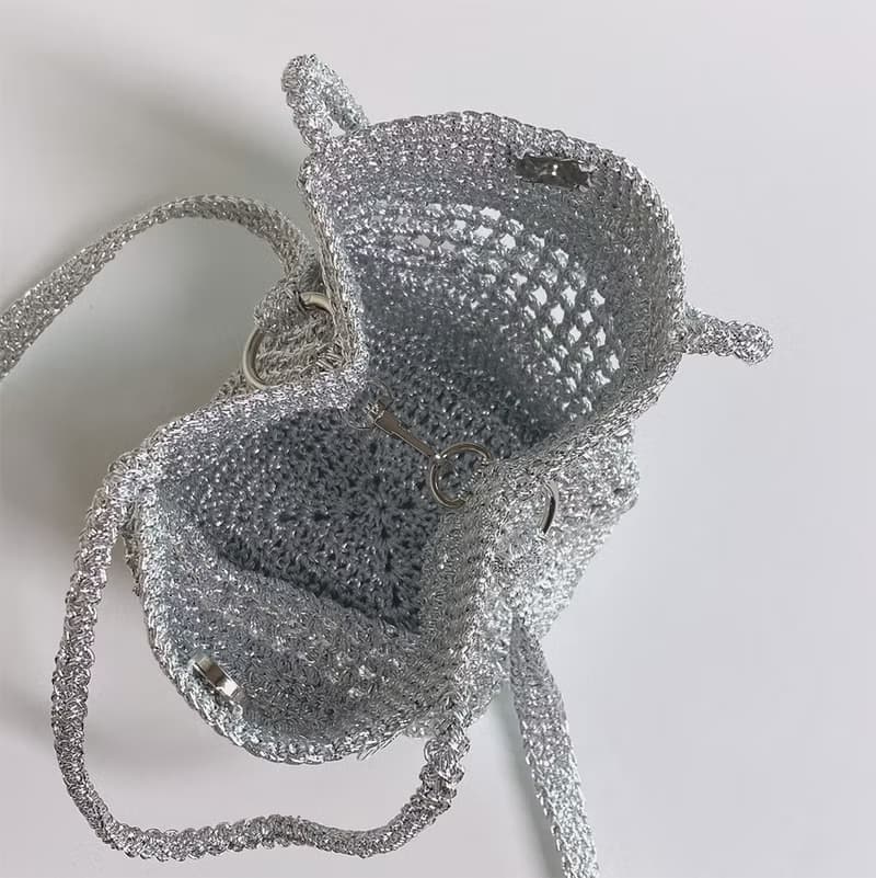 Silver Metallic Square Crochet Mini Tote Bag
