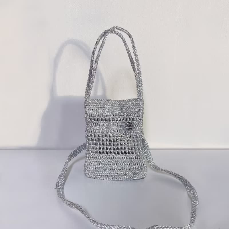 Silver Metallic Square Crochet Mini Tote Bag
