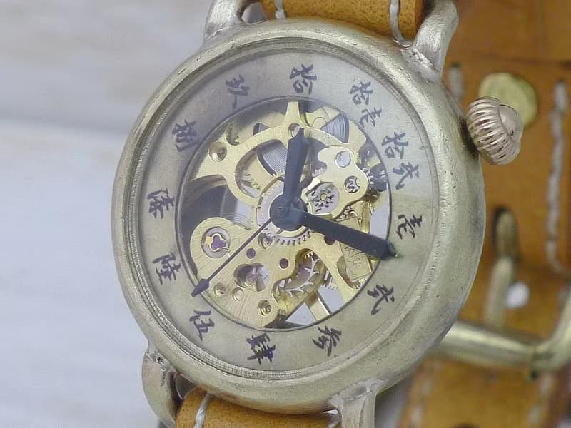 倭ノ刻手巻一 旧漢数字インデックス ミシンステッチベルト 手巻きBrass34mm 手作り腕時計 BHW148