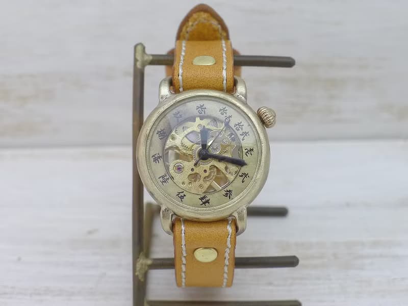 倭ノ刻手巻一 旧漢数字インデックス ミシンステッチベルト 手巻きBrass34mm 手作り腕時計 BHW148