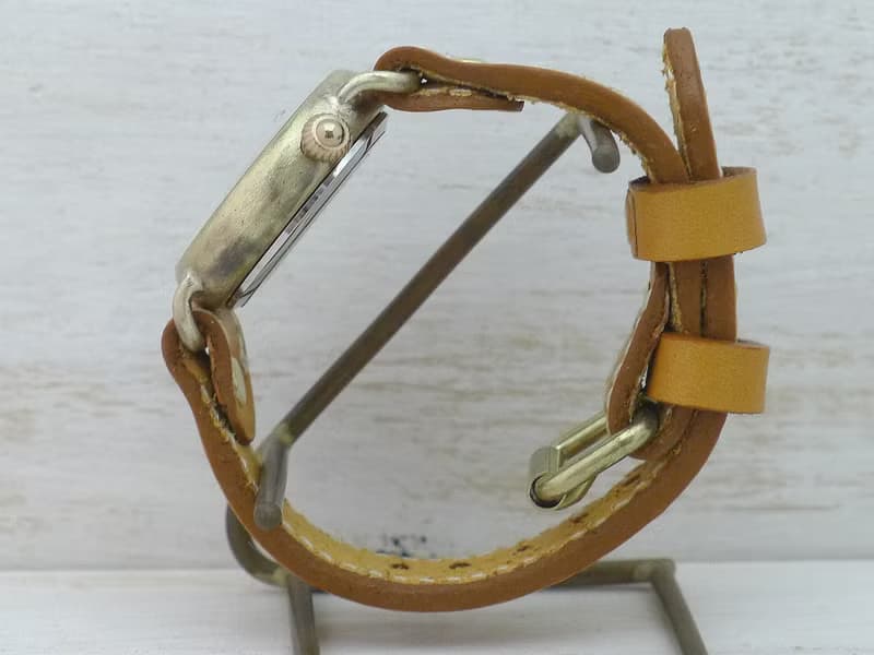 倭ノ刻手巻一 旧漢数字インデックス ミシンステッチベルト 手巻きBrass34mm 手作り腕時計 BHW148