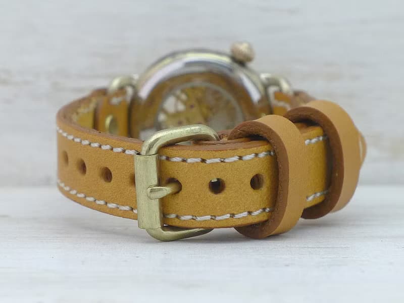 倭ノ刻手巻一 旧漢数字インデックス ミシンステッチベルト 手巻きBrass34mm 手作り腕時計 BHW148