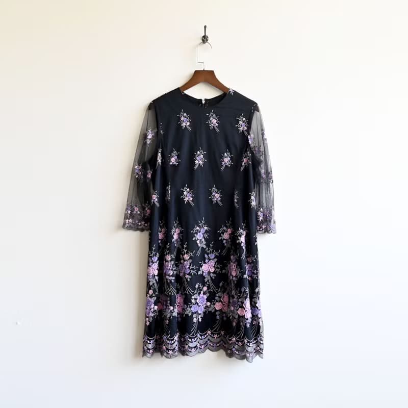 【蛋植物古著】薔薇花束紗質刺繡短袖古著洋裝