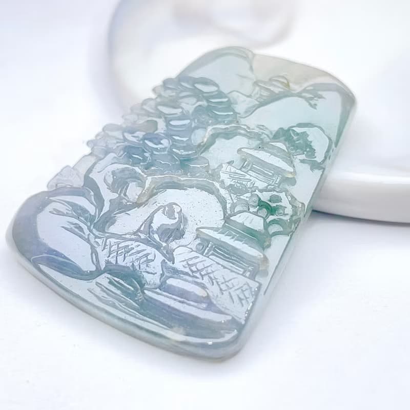 冰種飄藍花山水牌 | 天然緬甸玉翡翠A貨 | 送禮