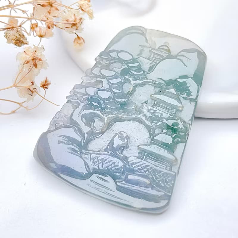 冰種飄藍花山水牌 | 天然緬甸玉翡翠A貨 | 送禮