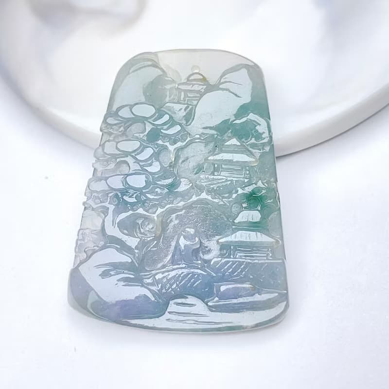 冰種飄藍花山水牌 | 天然緬甸玉翡翠A貨 | 送禮