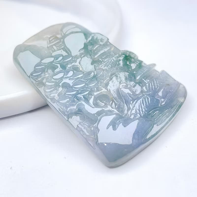 冰種飄藍花山水牌 | 天然緬甸玉翡翠A貨 | 送禮
