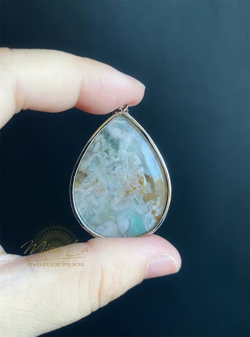 櫻花瑪瑙 水中花 帶透 黃加綠 碎花 S925銀鑲 天然石 項鍊