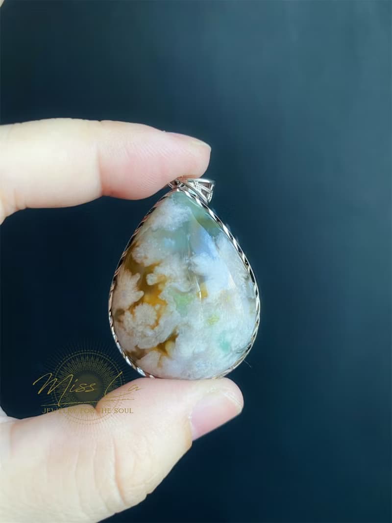 櫻花瑪瑙 水中花 帶透 黃加綠 碎花 S925銀鑲 天然石 項鍊