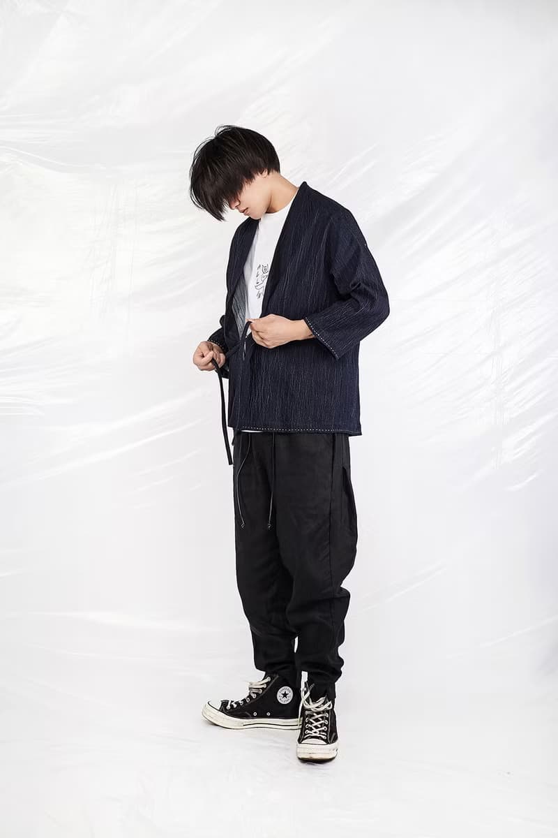 JANWONG 褶皱棉麻KIMONO和服7分袖道袍夹克外套