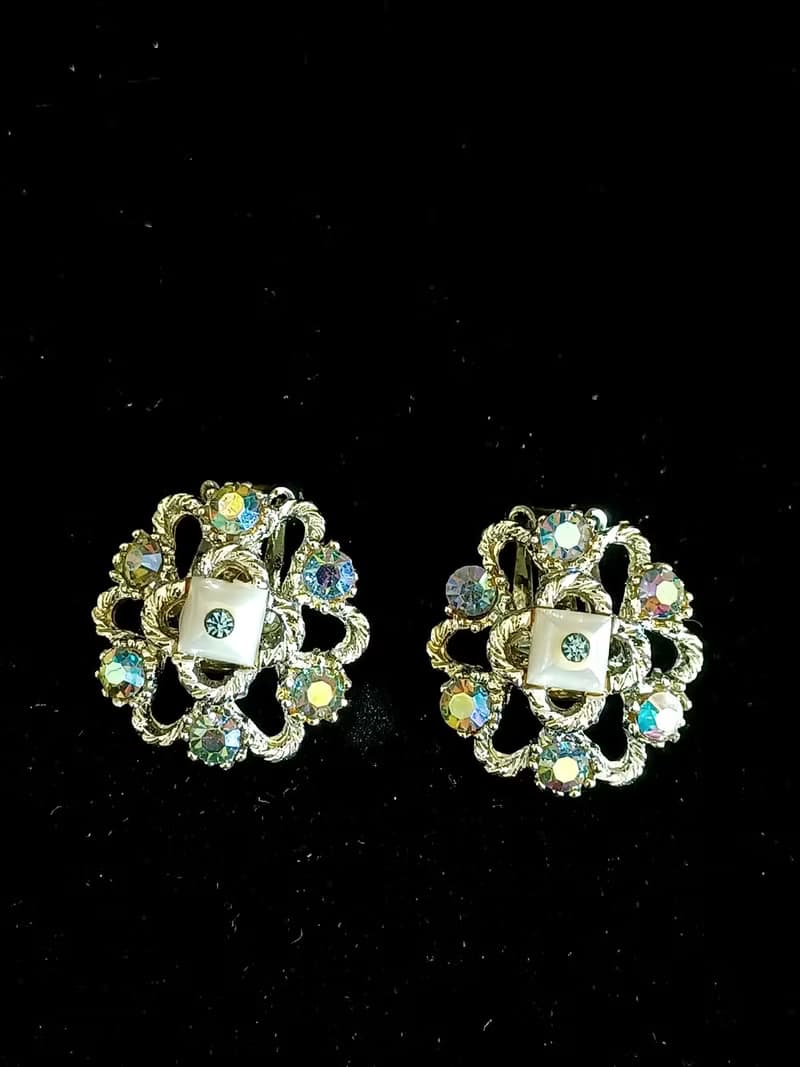 vintage jewelry  唯美極光萊茵六角星 夾式耳環