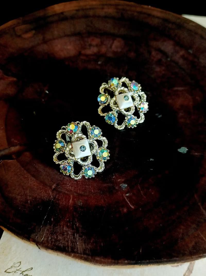 vintage jewelry  唯美極光萊茵六角星 夾式耳環