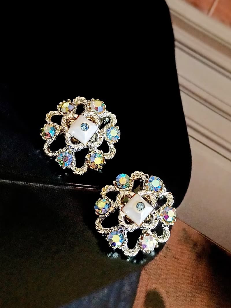 vintage jewelry  唯美極光萊茵六角星 夾式耳環