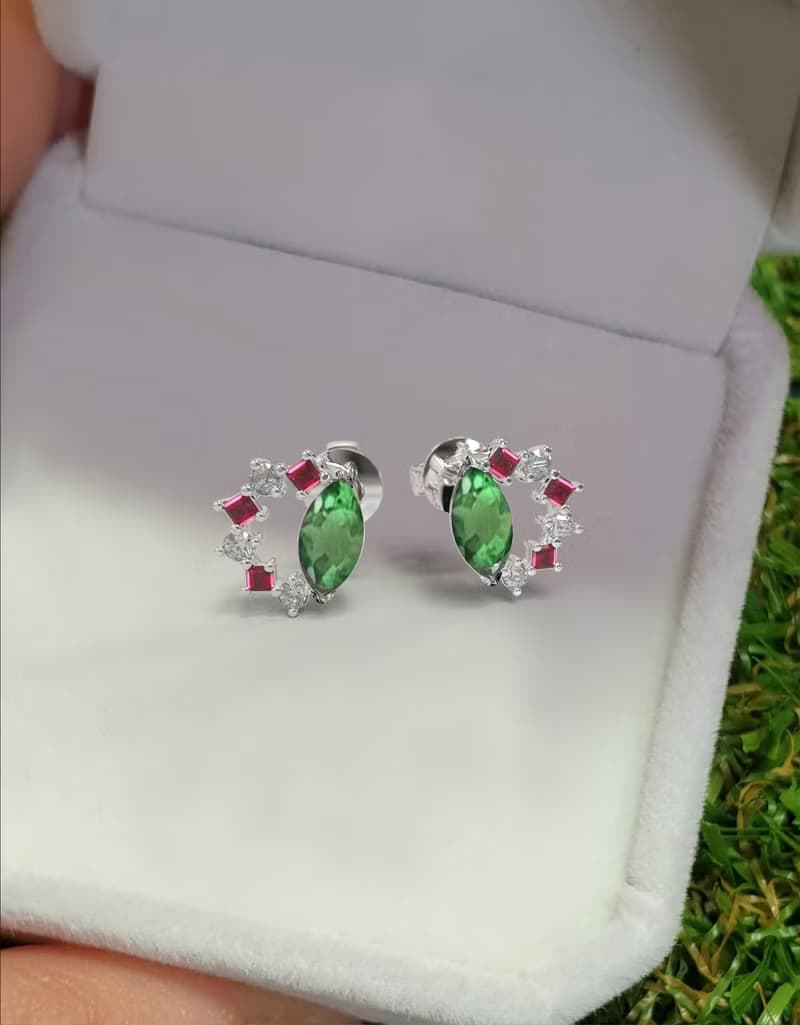 Real 9K White Gold Tsavorite Marquise Earrings Stud / Earrings Fine Jewelry
