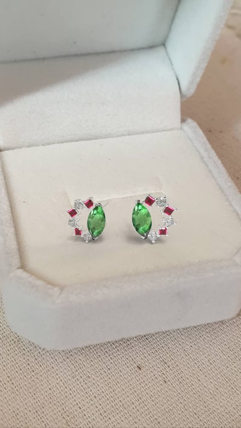 Real 9K White Gold Tsavorite Marquise Earrings Stud / Earrings Fine Jewelry