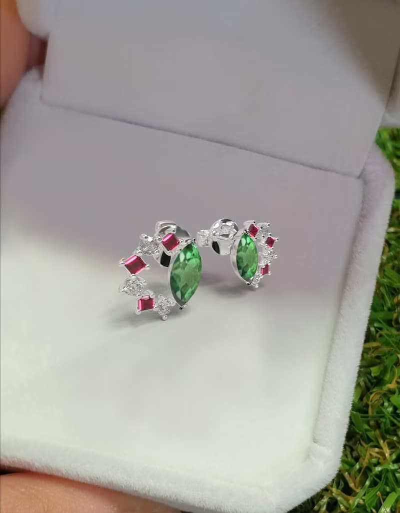 Real 9K White Gold Tsavorite Marquise Earrings Stud / Earrings Fine Jewelry