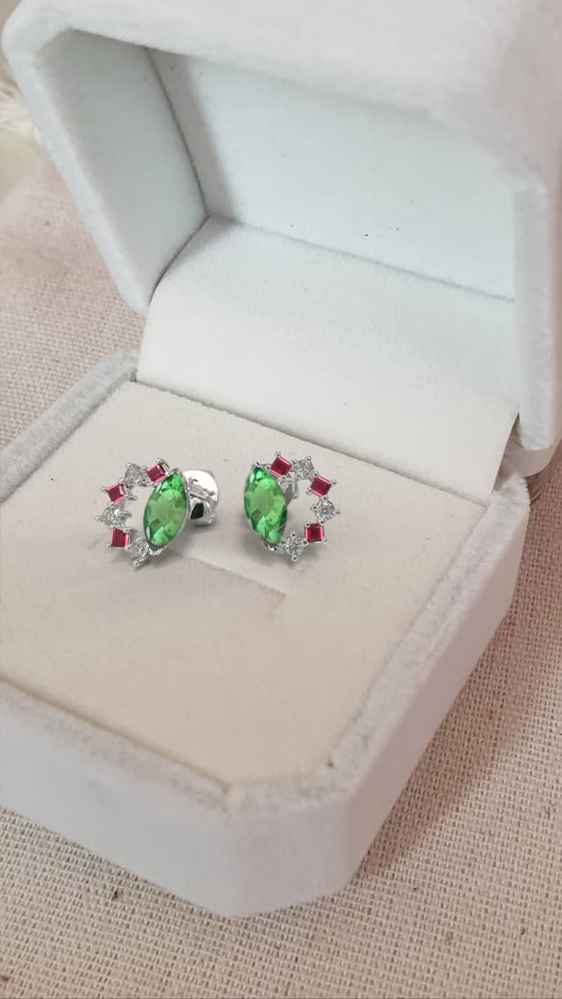 Real 9K White Gold Tsavorite Marquise Earrings Stud / Earrings Fine Jewelry