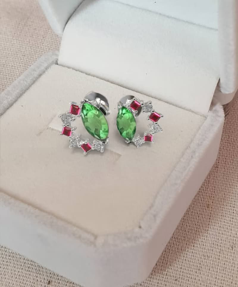 Real 9K White Gold Tsavorite Marquise Earrings Stud / Earrings Fine Jewelry