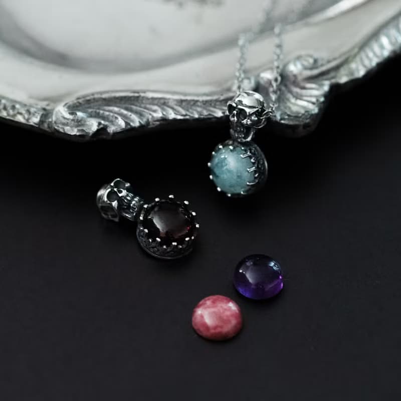 Gemstone Skull Silver Pendant Necklace