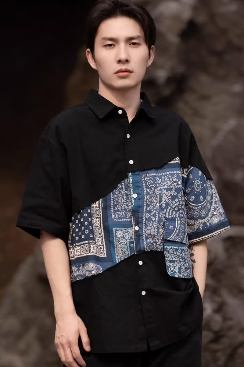 中國風復古 撞色翻領拼接襯衫