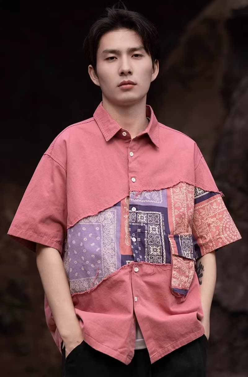 中國風復古 撞色翻領拼接襯衫