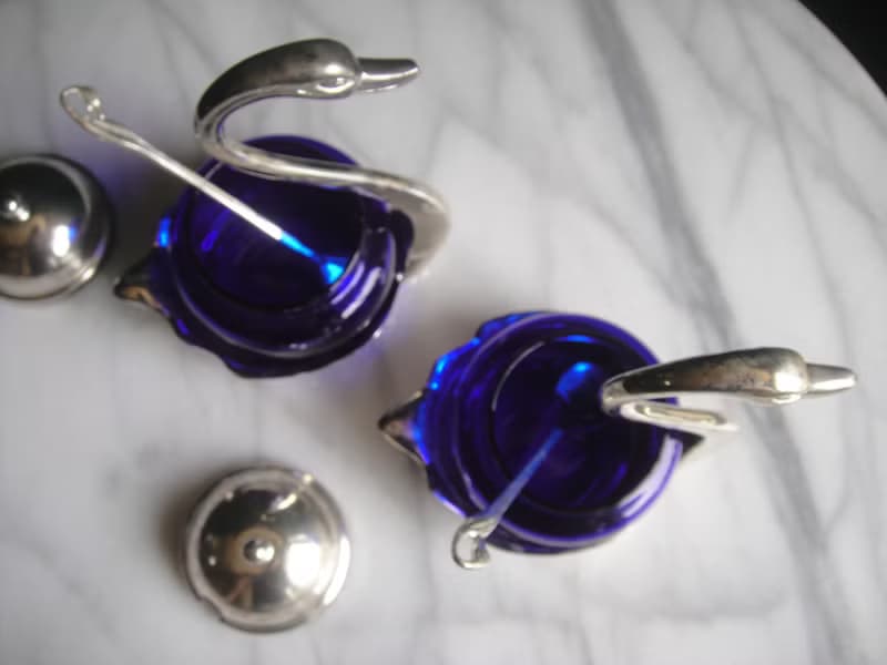 【老時光 OLD-TIME】早期二手國外進口鍍銀藍色玻璃調料器組