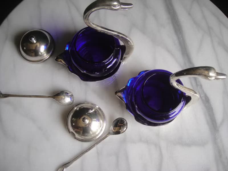 【老時光 OLD-TIME】早期二手國外進口鍍銀藍色玻璃調料器組