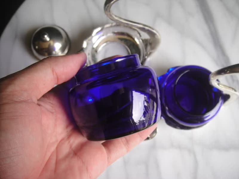 【老時光 OLD-TIME】早期二手國外進口鍍銀藍色玻璃調料器組