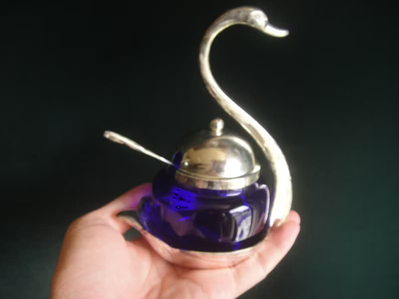 【老時光 OLD-TIME】早期二手國外進口鍍銀藍色玻璃調料器組