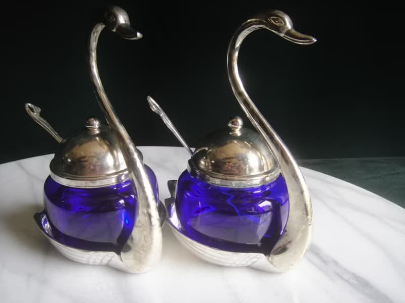 【老時光 OLD-TIME】早期二手國外進口鍍銀藍色玻璃調料器組