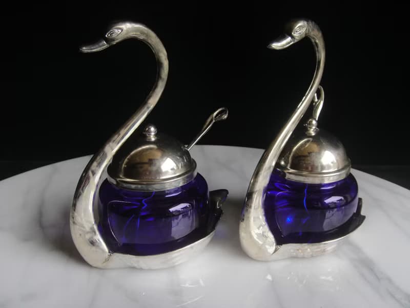 【老時光 OLD-TIME】早期二手國外進口鍍銀藍色玻璃調料器組