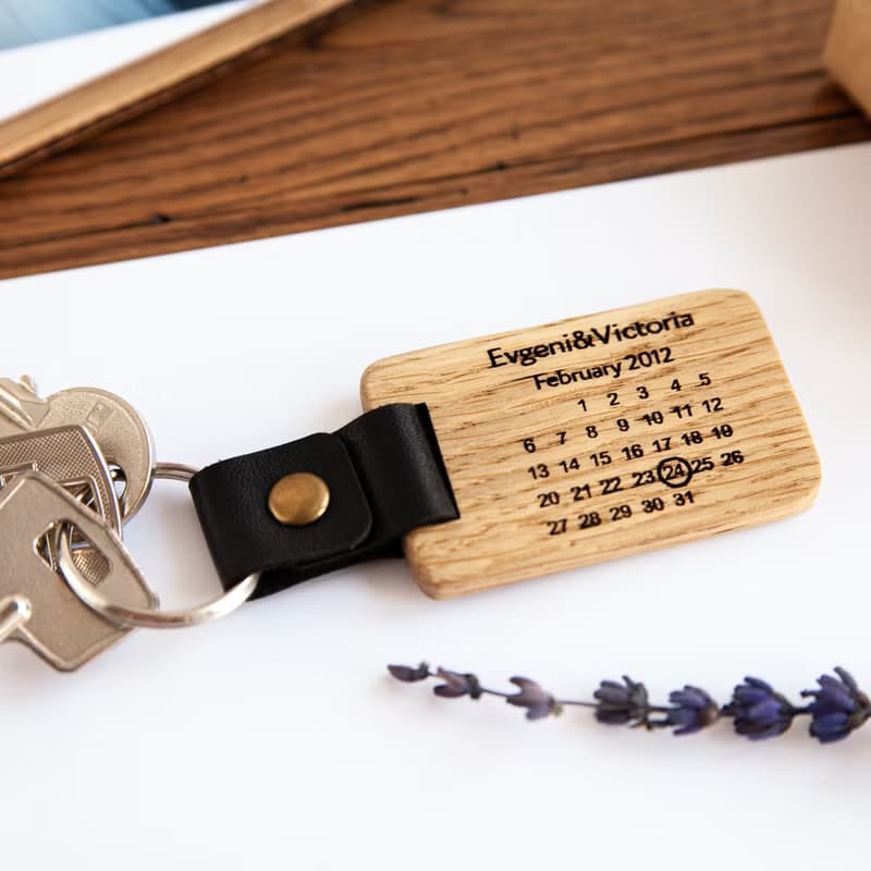 Wooden custom calendar keychain  5th 1 year anniversary gift for husband or wife