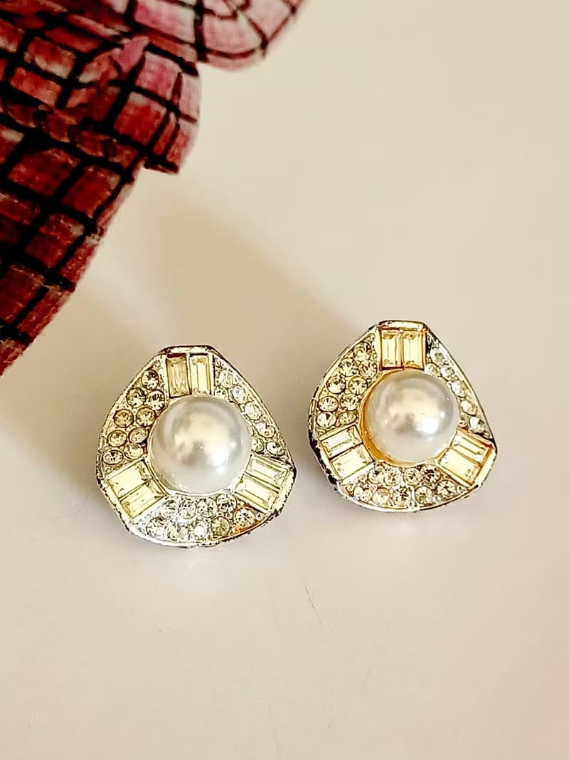 vintage jewelry 典雅珠光萊茵鑽 夾式耳環