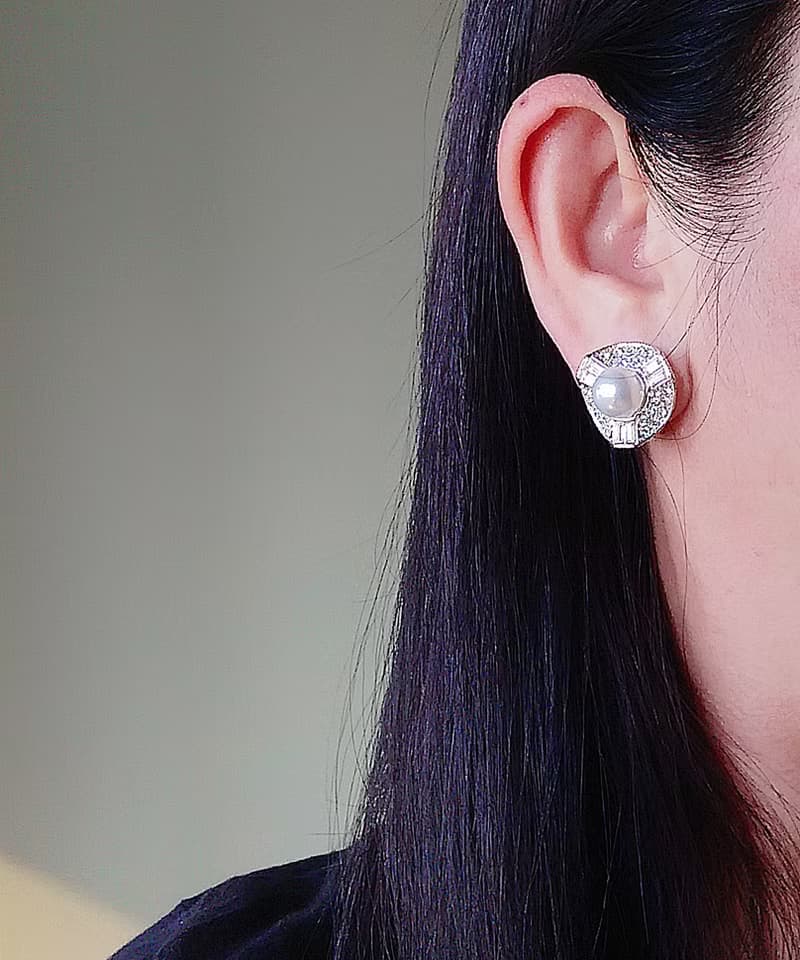 vintage jewelry 典雅珠光萊茵鑽 夾式耳環