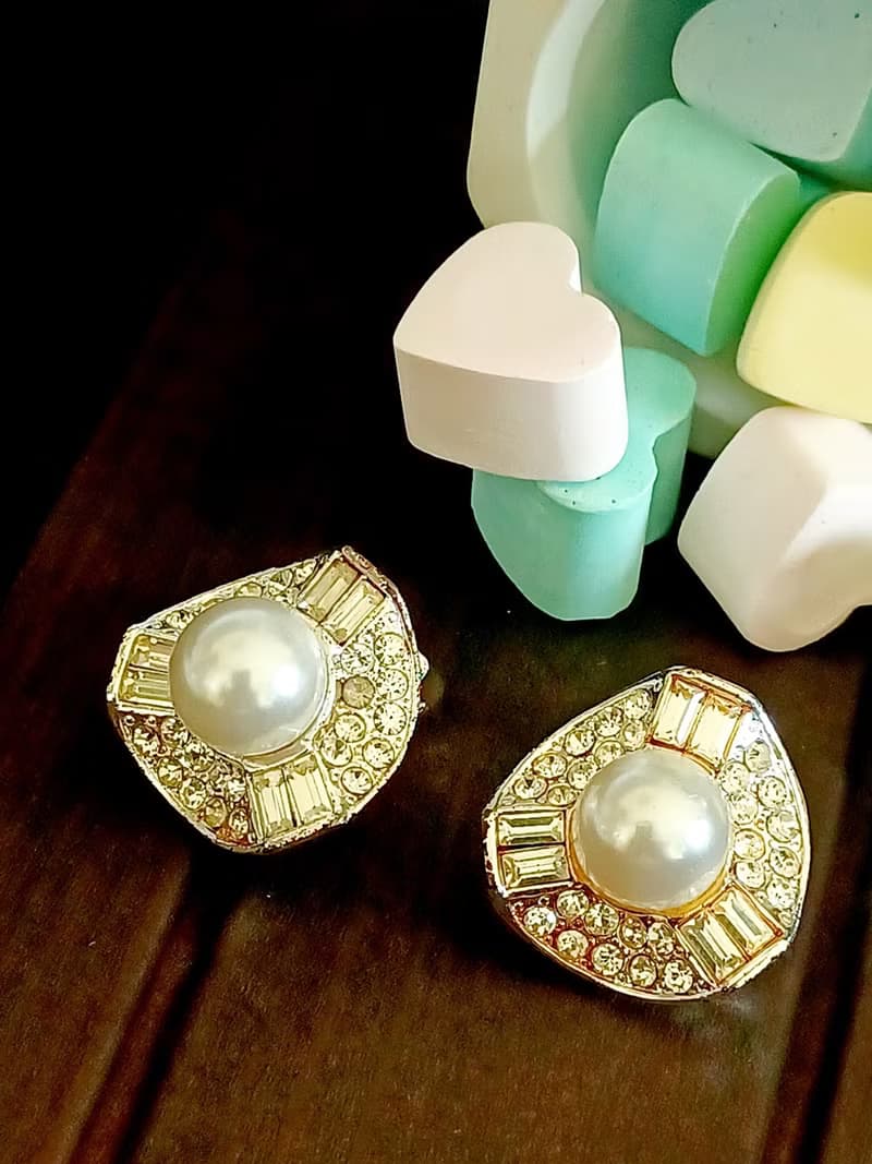 vintage jewelry 典雅珠光萊茵鑽 夾式耳環