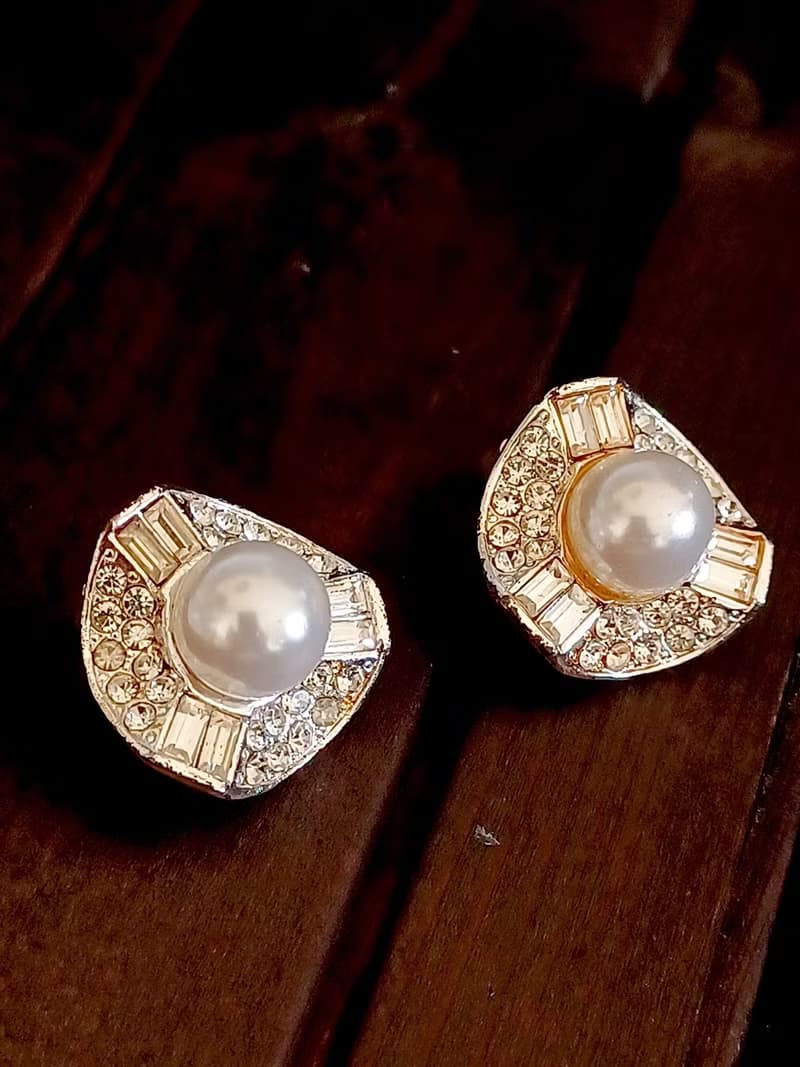 vintage jewelry 典雅珠光萊茵鑽 夾式耳環