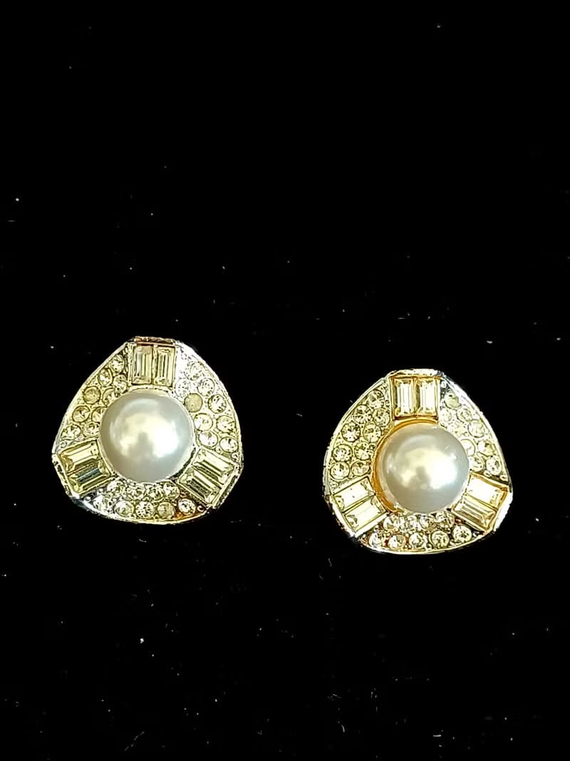vintage jewelry 典雅珠光萊茵鑽 夾式耳環