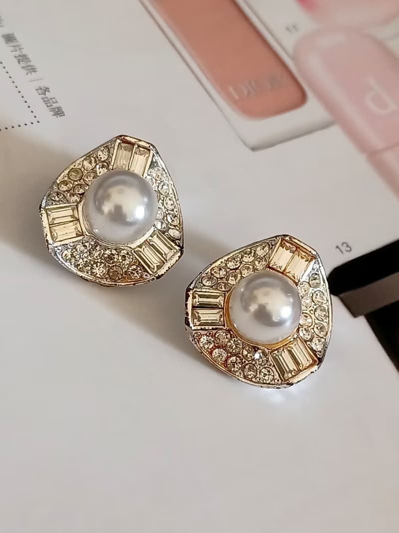 vintage jewelry 典雅珠光萊茵鑽 夾式耳環