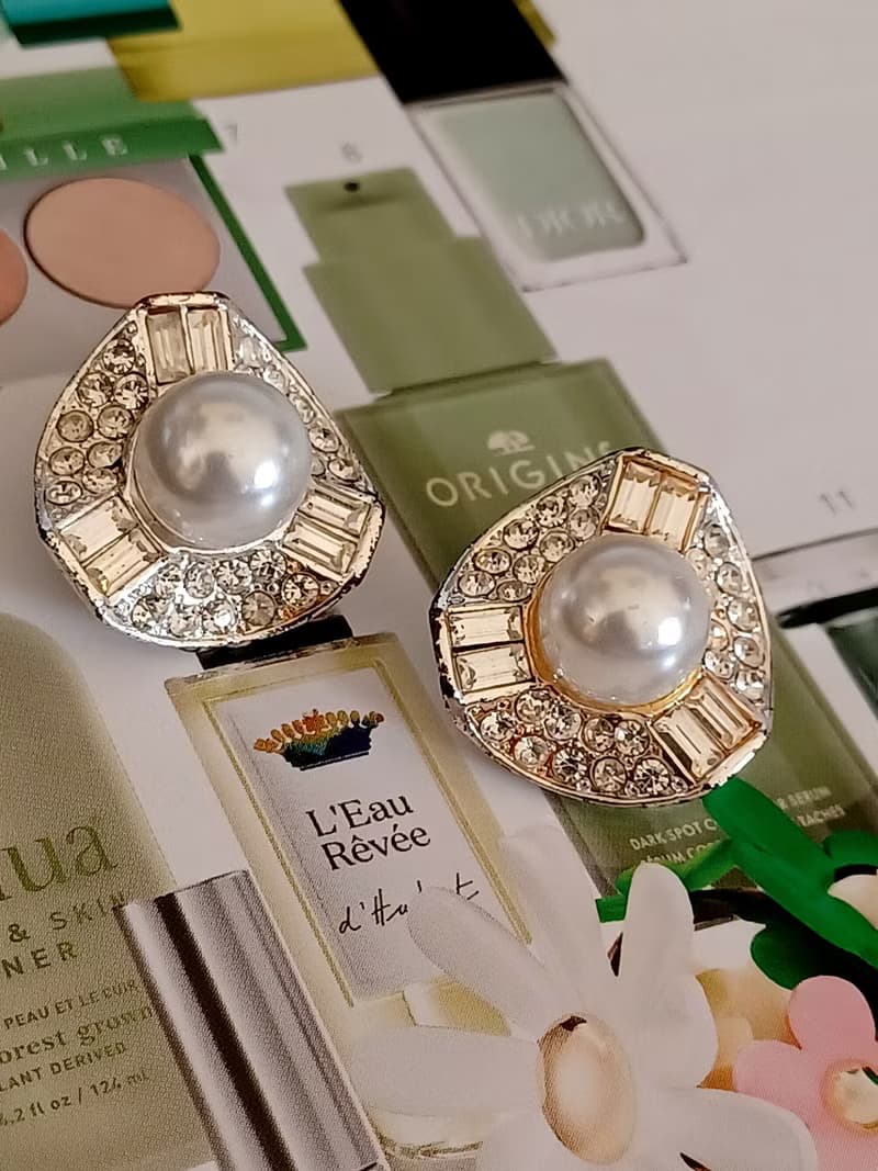 vintage jewelry 典雅珠光萊茵鑽 夾式耳環