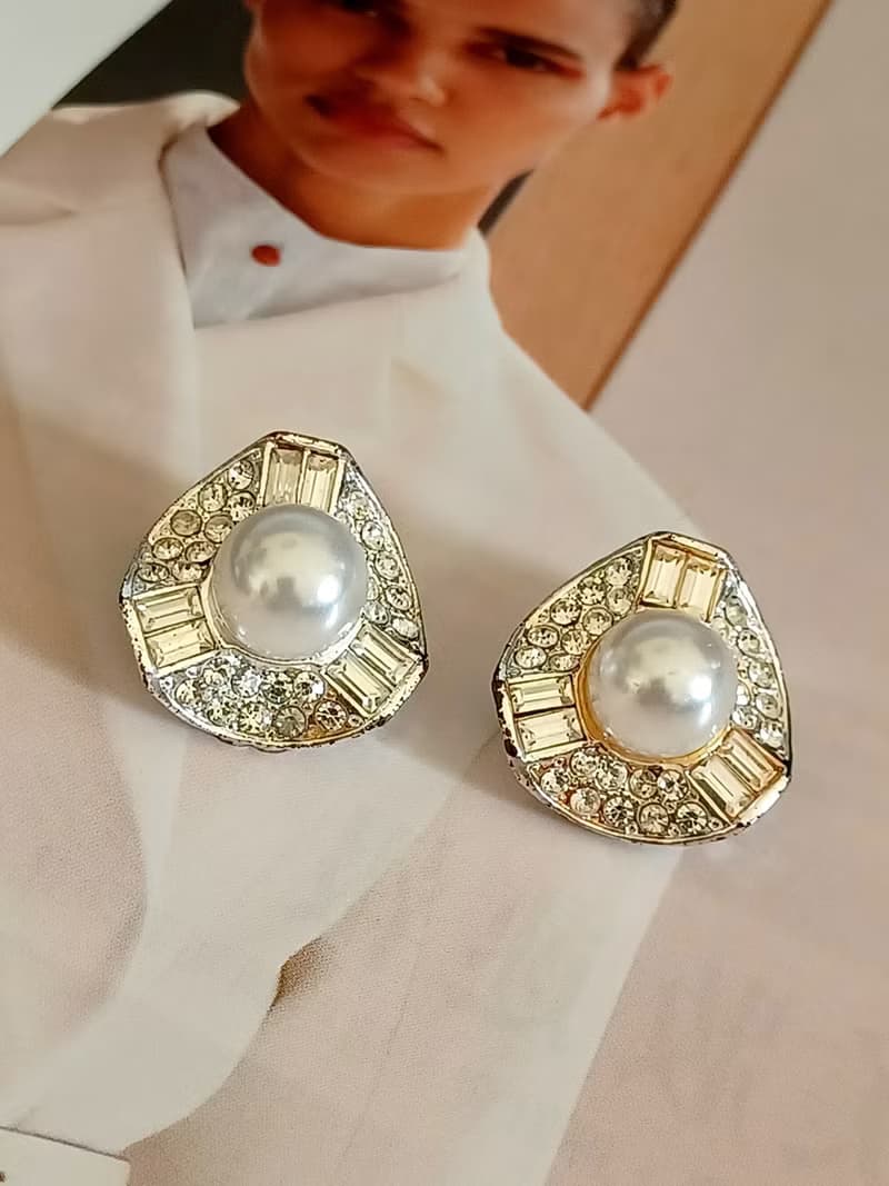 vintage jewelry 典雅珠光萊茵鑽 夾式耳環