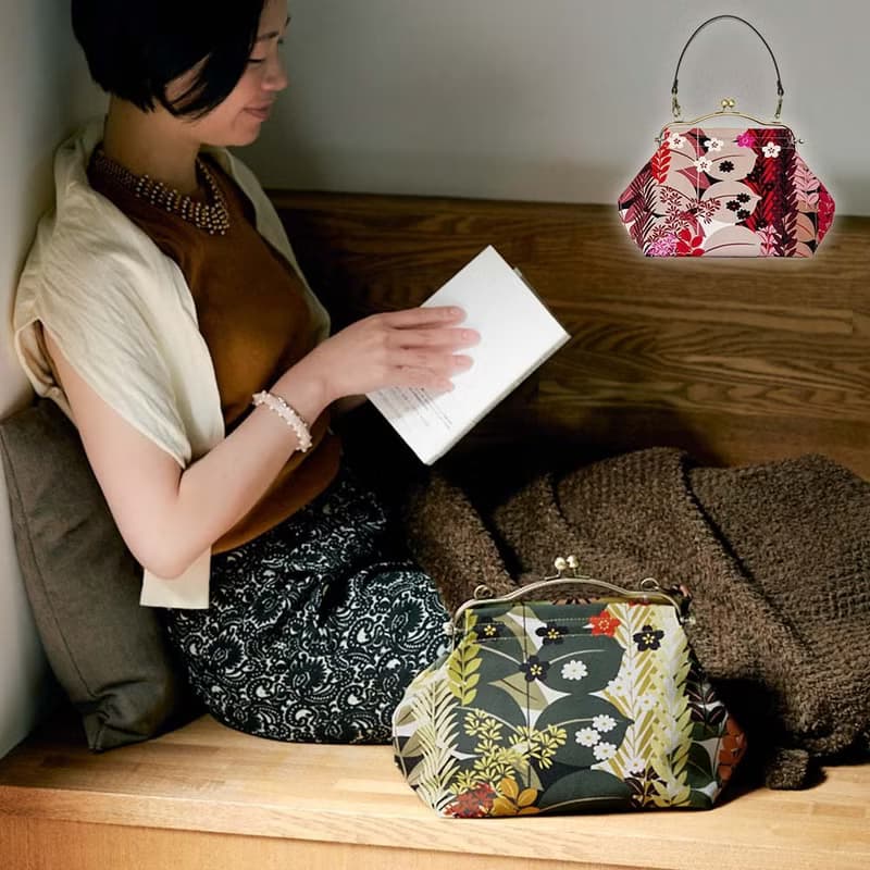 横長ベンリーがま口バッグ 植物園 Botanical Garden ハンドバッグ Frame Bag 牛革ハンドル付 日本製